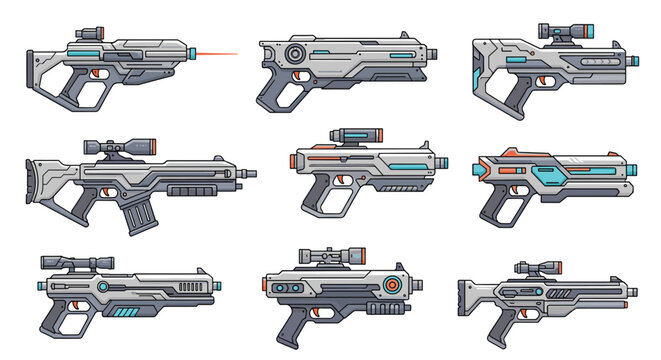 Collection of futuristic sci-fi energy weapons and blasters designed in a detailed digital art style with various color accents.