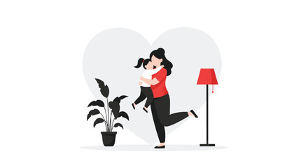 Obraz premium A loving mother wearing a vibrant red shirt affectionately embraces her young daughter in a cozy room featuring a large grey heart and a stylish lamp.