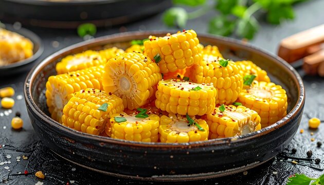 A close-up photograph features a full plate of cooked corn on the cob, garnished with herbs and seasonings, on a dark textured surface