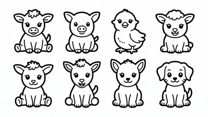 Obraz premium Cute Sitting Baby Farm Animals Line Art Set Cow, Pig, Chicken, Lamb, Goat, Horse, Puppy and Kitten Characters