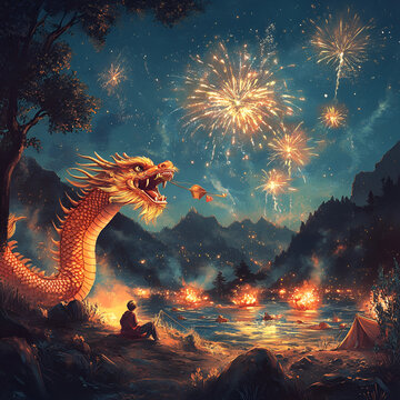 Dragon fireworks celebration at mountain lake night scene fantasy art enchanting atmosphere