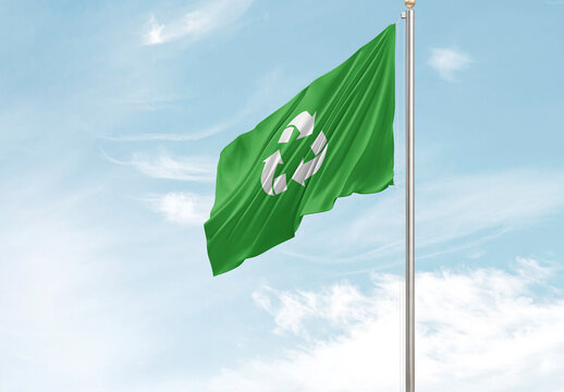 Green Flag Mockup With Recycling Symbol PSD