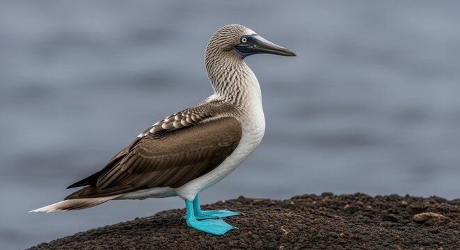 Blue-Footed Booby Bird Standing on a Rock, Portrait.