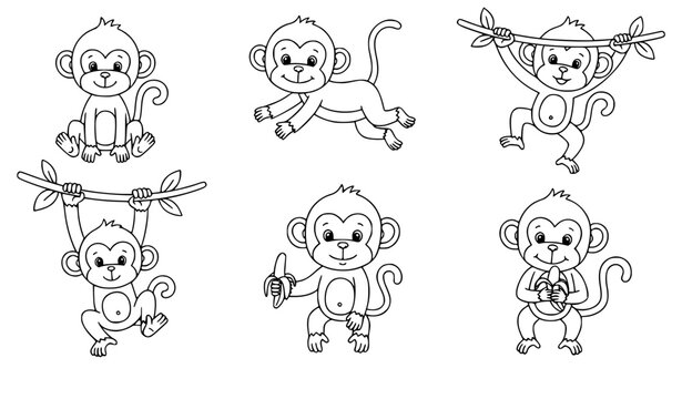 Cute monkey coloring pages set with playful poses outline vector for kids isolated on white background