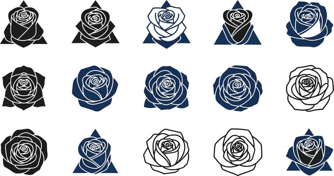Various rose on triangle backgrounds in black white and blue