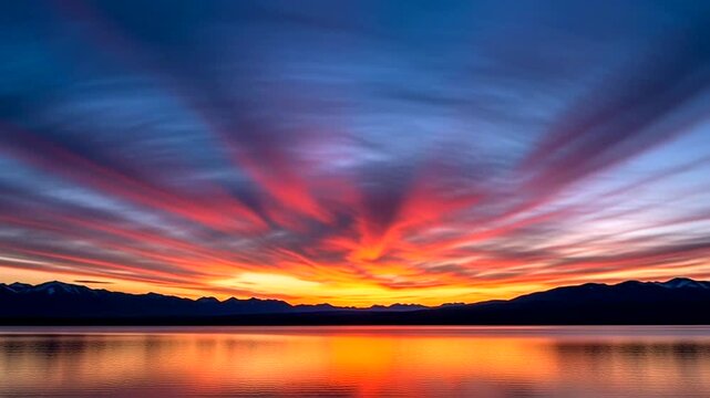 Vibrant Sunset over Serene Lake Landscape.