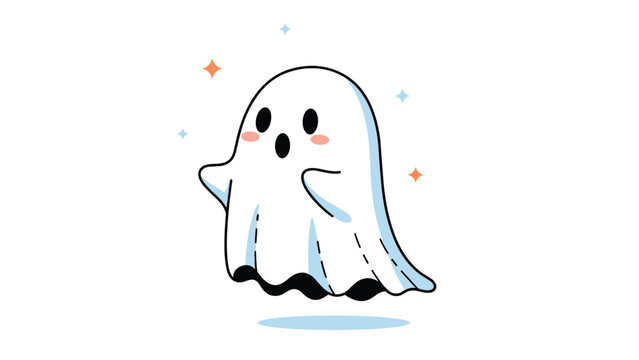 Adorable cartoon ghost character with a surprised expression surrounded by twinkling colorful stars on a white background.