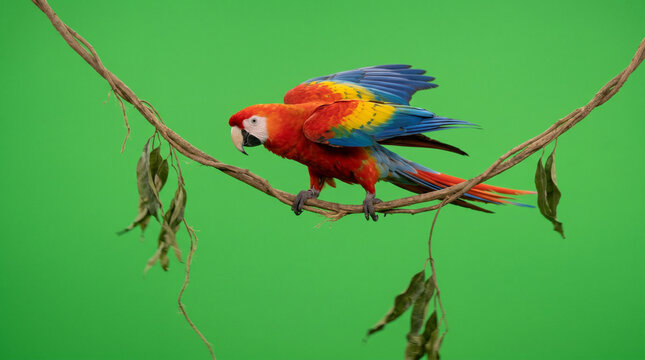 A vibrant Scarlet Macaw wings slightly spread perches on a natural vine against a green screen ideal for compositing projects