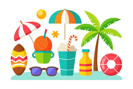 Vibrant summer beach vacation elements offer relaxation and fun with sun, surf and tropical drinks