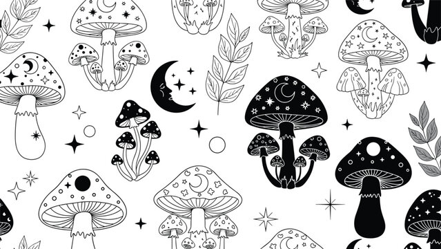 Mystical seamless pattern of mushrooms decorated with moons and stars accompanied by leaves and crescent moons.