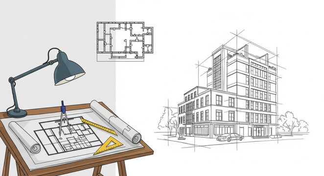 Architectural design and blueprint drafting on a wooden table.