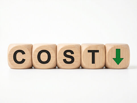 wooden blocks spelling cost with downward arrow on white background representing falling prices deflation and business expense reduction concept