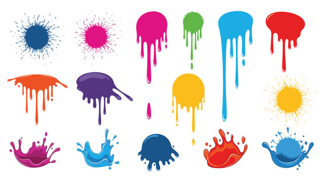 Large collection of colorful paint splats drips and splashes in various shapes and vibrant hues for creative art and design projects.