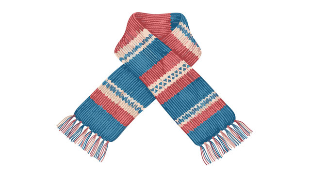 Striped knitted winter scarf in shades of red blue and white with a cozy texture and decorative tassels at both ends.