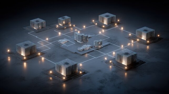 Illuminated digital blocks connect across a dark, textured surface illustrating network flow.