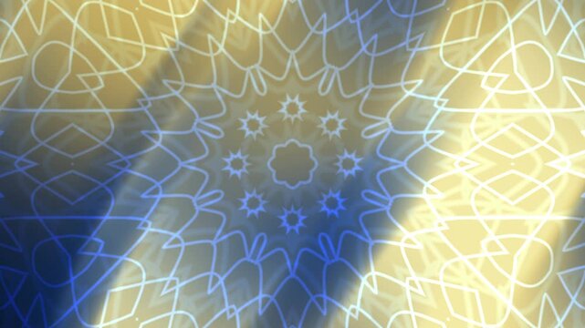 animated abstract navy blue and gold background mandala pattern with yellow and blue coloration suitable for meditation products, home decor, textiles, and wellness branding concepts.