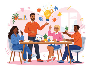 Fototapeta premium Diverse group of people having a meeting in an office with a light bulb idea above the table with puzzle pieces around it teamwork concept