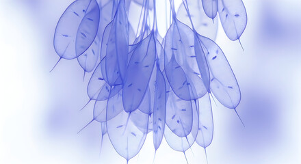 Obraz premium cluster of translucent purple leaves on soft blue gradient background