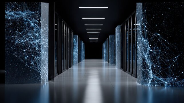 Digital network connections illuminate a modern data center corridor lined with server racks.