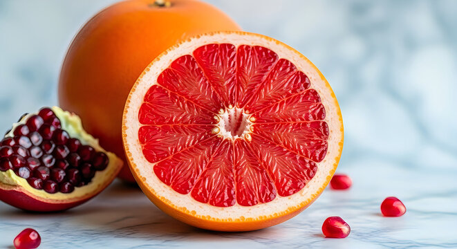 Fresh halved grapefruit and pomegranate with seeds on light background