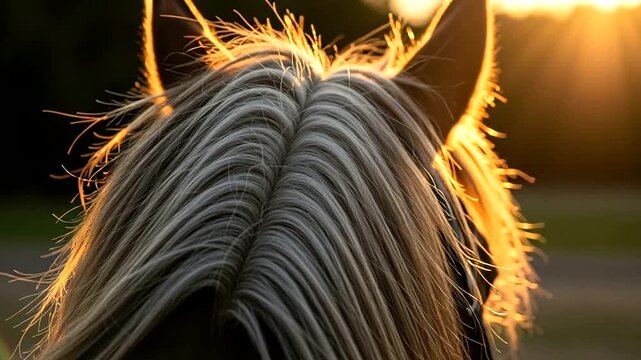 Horse mane close-up at sunset with flowing hair.