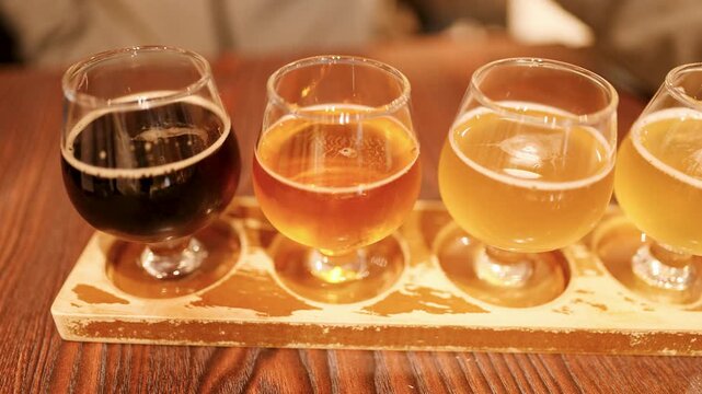 Craft Beer Flight Tasting Paddle on Wooden Table in Kanazawa Japan