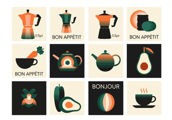 Minimalist Retro Kitchen and Coffee Illustration Set featuring Moka Pots, Teapots, Avocado, and Healthy Food Icons in a Mid-Century Modern Bauhaus Style © Tita