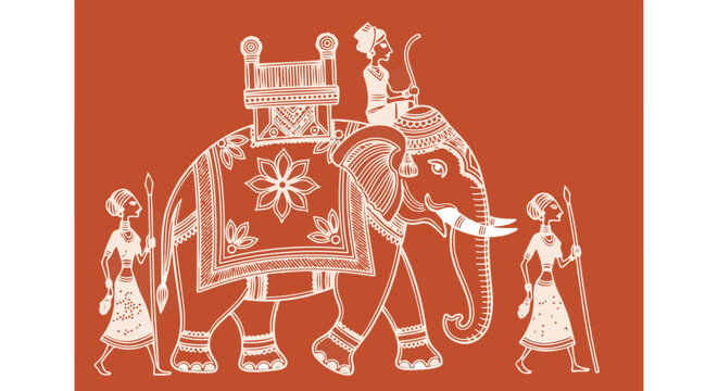 Traditional Warli art illustration of royal elephant procession, ethnic Indian folk art vector, tribal cultural heritage motif with guards isolated PNG with Transparent Background