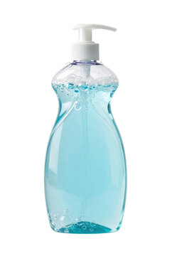 A clean blue liquid soap in a plastic dispenser bottle with a pump isolated on a white background for bathroom hygiene and cosmetic care