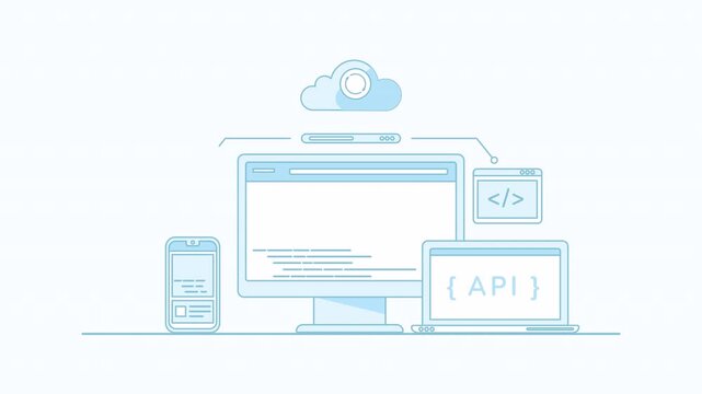API integration. Application programming interface. Api integration with cloud computing devices, gears, codes, and a smartphone for seamless workflows. Perfect for techrelated design projects.