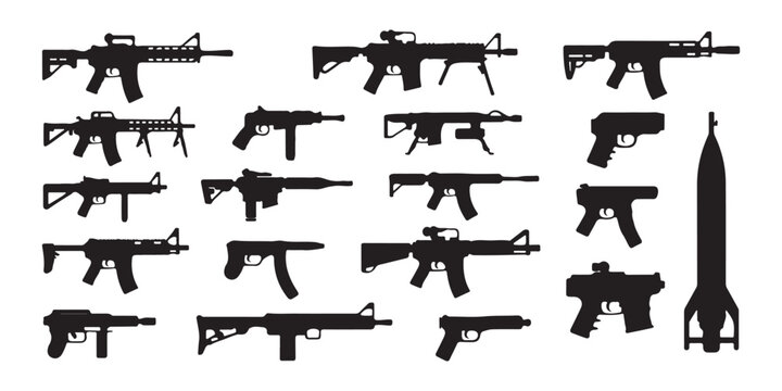 Assault rifle silhouettes collection featuring various machine guns handguns and ballistic missile for web design.