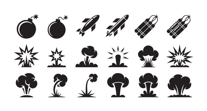 Explosive blast symbols bundle containing round bombs flying missiles and dynamite sticks with mushroom smoke clouds.