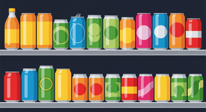 Flat vector illustration of assorted colorful beverage cans and a bottle arranged on two rows of shelves against a dark background, featuring various sizes and minimalist label designs.