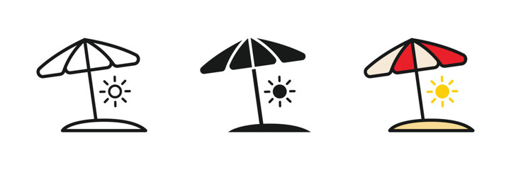 Beach umbrella icon set with sun and sand representing summer vacation, travel destination, seaside relaxation, tourism and holiday leisure. Transparent PNG and vector © MKIN