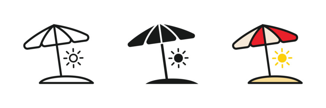 Beach umbrella icon set with sun and sand representing summer vacation, travel destination, seaside relaxation, tourism and holiday leisure. Transparent PNG and vector