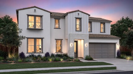 Obraz premium Stately modern suburban residence glows warmly under twilight skies