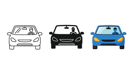 Obraz premium Minimalist vector graphic set showing a sedan car with a driver depicted in three distinct styles including outline silhouette and flat color design for illustration
