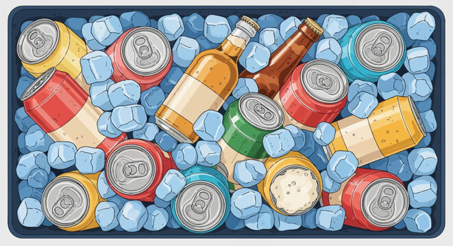 Vector illustration of various beer cans and glass bottles packed in a cooler filled with ice cubes, top-down view of chilled alcoholic and soft drinks for summer parties and events.
