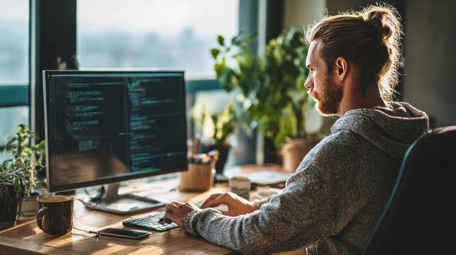 Modern Programmer at Work: A modern programmer intently works at his desk, codes flowing across his computer screen in a home office setting. The natural light of day streams in the background.
