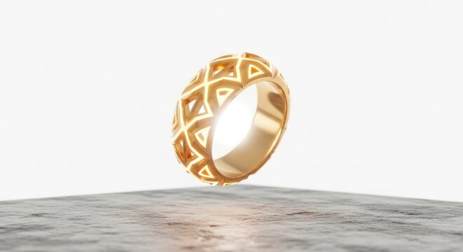 Elegant gold ring with intricate geometric lattice design floating in mid-air isolated on white background