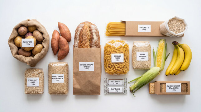Assorted healthy staple foods including grains bread pasta and fresh produce on white background