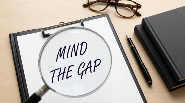 Words 'Mind The Gap' written on paper with a single magnifying glass on desk