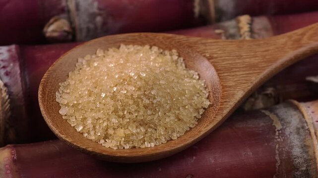 Cane sugar crystals on a wooden spoon with sugarcane
