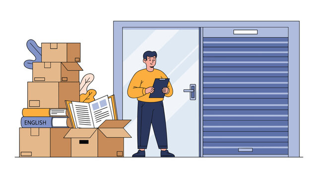Concept of self storage and organization with a man holding a clipboard next to a stack of cardboard boxes and books in a warehouse.