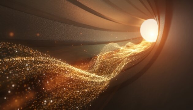 A brilliant golden orb of light emitting a dynamic stream of sparkling particles against a dark, abstract background, suggesting cosmic energy and motion.