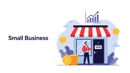 Naklejka premium Small business owner standing proudly in front of his local shop with a store front awning and symbols of financial growth and success.