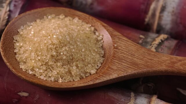 Cane sugar crystals on a wooden spoon with sugarcane