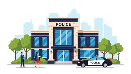 Fototapeta premium Police station building exterior design with law enforcement officers walking outside and patrol car parked in front.