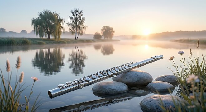 A serene lakeside scene at sunrise with a silver flute resting on smooth stones in the foreground.