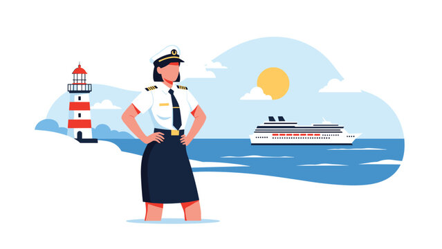 Professional female ship captain standing proudly at the coast with cruise ship and lighthouse on sunny day background.